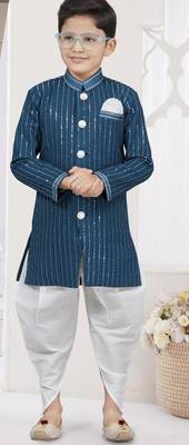 Blue imported silk sherwani with silk dupion dhoti for kids 1
