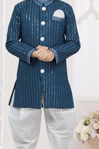 Blue imported silk sherwani with silk dupion dhoti for kids