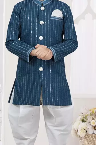 Blue imported silk sherwani with silk dupion dhoti for kids