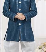 Blue imported silk sherwani with silk dupion dhoti for kids
