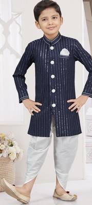 Blue imported silk sherwani with silk dupion dhoti for kids 1