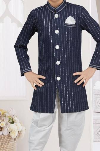Blue imported silk sherwani with silk dupion dhoti for kids