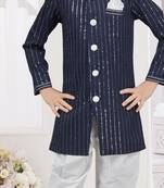 Blue imported silk sherwani with silk dupion dhoti for kids