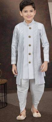 White power silk indo western with silk dupion dhoti for kids 1
