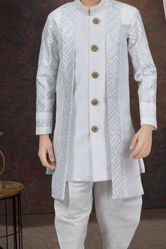 White power silk indo western with silk dupion dhoti for kids