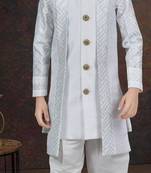 White power silk indo western with silk dupion dhoti for kids