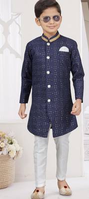 Blue champion silk sherwani with silk dupion pajama for kids 1