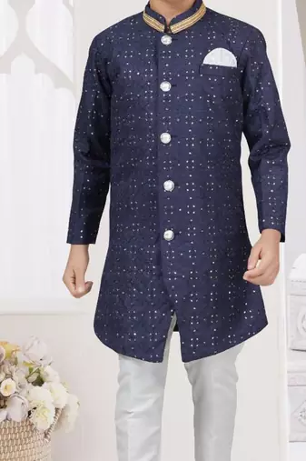 Blue champion silk sherwani with silk dupion pajama for kids