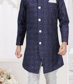 Blue champion silk sherwani with silk dupion pajama for kids