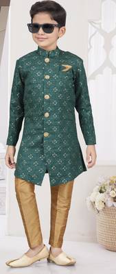 Green champion silk sherwani with silk dupion pajama for kids 1