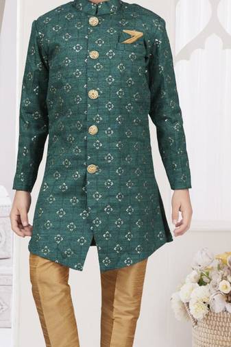Green champion silk sherwani with silk dupion pajama for kids