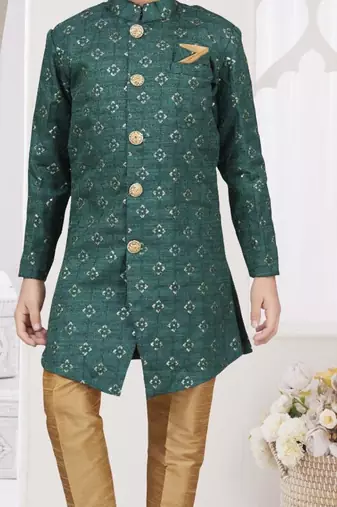 Green champion silk sherwani with silk dupion pajama for kids