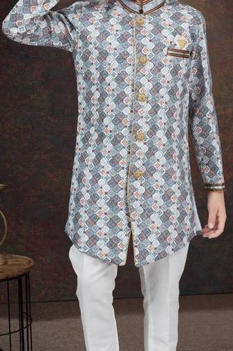 White jackard sherwani with silk dupion pajama for kids