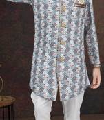 White jackard sherwani with silk dupion pajama for kids