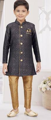 Blue zari jackard sherwani with silk dupion pajama for kids 2