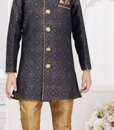 Blue zari jackard sherwani with silk dupion pajama for kids