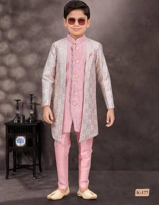 Pink pure silk indo western with silk dupion pajama for kids 3