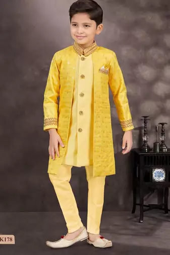 Yellow champion silk & banarasi silk indo western with silk dupion pajama for kids