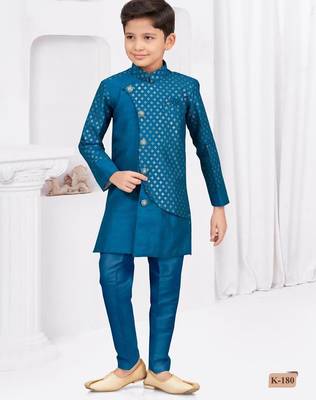 Blue banarasi silk sherwani with silk dupion pajama for kids 3