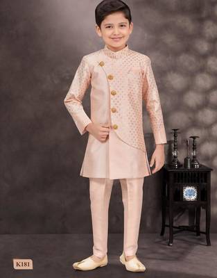 Pink banarasi silk sherwani with silk dupion pajama for kids 3