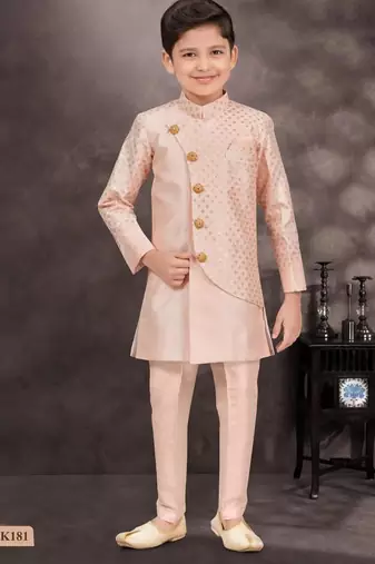 Pink banarasi silk sherwani with silk dupion pajama for kids