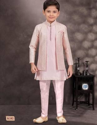 Pink banarasi silk indo western with silk dupion pajama for kids 3
