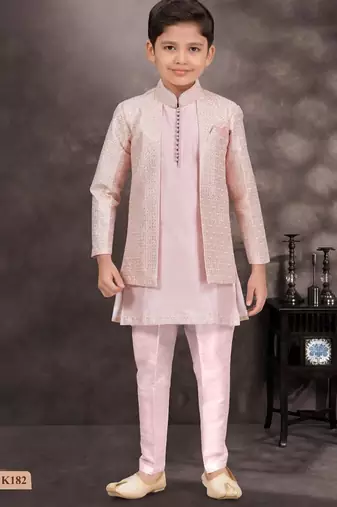 Pink banarasi silk indo western with silk dupion pajama for kids