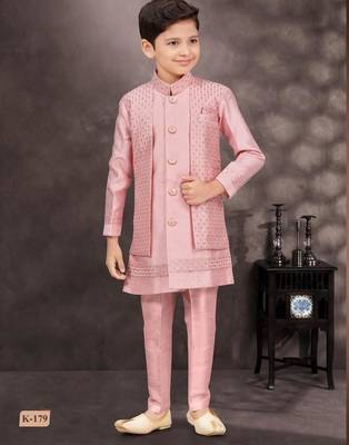 Pink banarasi silk indo western with silk dupion pajama for kids 3