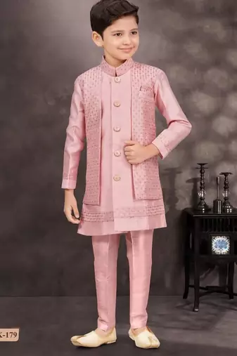 Pink banarasi silk indo western with silk dupion pajama for kids