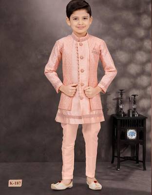Pink banarasi silk indo western with silk dupion pajama for kids 3