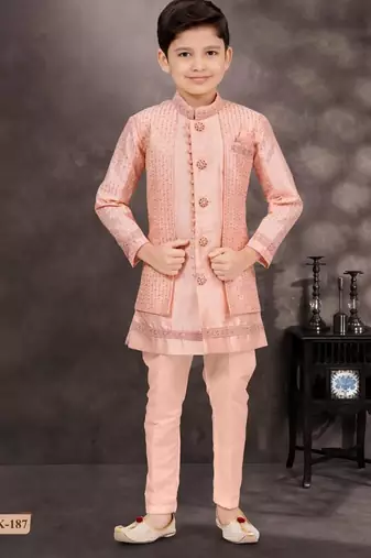 Pink banarasi silk indo western with silk dupion pajama for kids