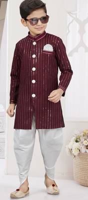Marron imported silk sherwani with silk dupion dhoti for kids 1