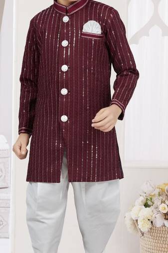 Marron imported silk sherwani with silk dupion dhoti for kids