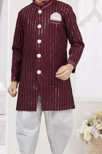 Marron imported silk sherwani with silk dupion dhoti for kids
