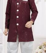 Marron imported silk sherwani with silk dupion dhoti for kids