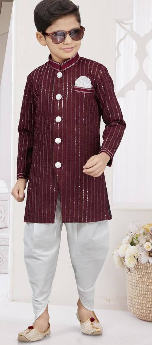Marron imported silk sherwani with silk dupion dhoti for kids