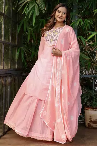 Cotton cambric dyed kurti-skirt-dupatta  set