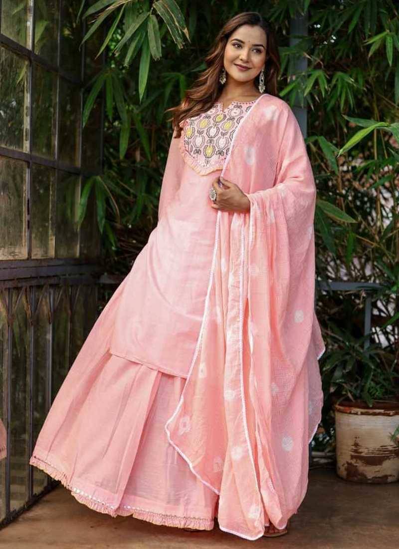 Cotton cambric dyed kurti-skirt-dupatta  set