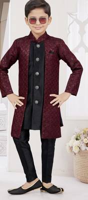 Marron kasak zari jackard & banarasi silk indo western with silk dupion pajama for kids 1