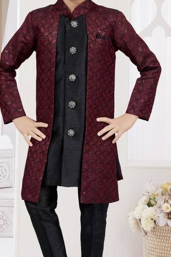 Marron kasak zari jackard & banarasi silk indo western with silk dupion pajama for kids
