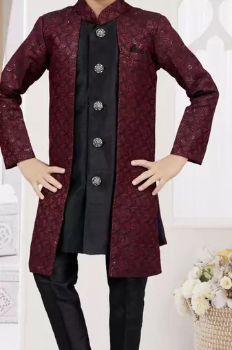 Marron kasak zari jackard & banarasi silk indo western with silk dupion pajama for kids