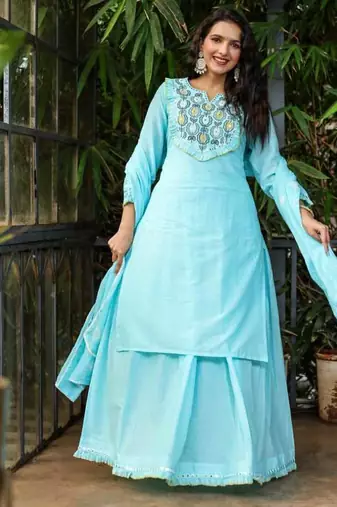Cotton cambric dyed kurti-skirt-dupatta  set