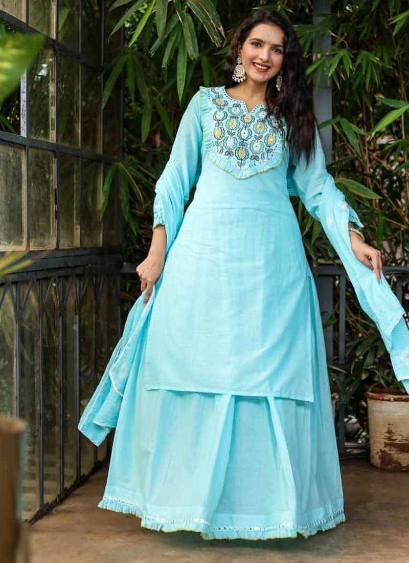 Cotton cambric dyed kurti-skirt-dupatta  set
