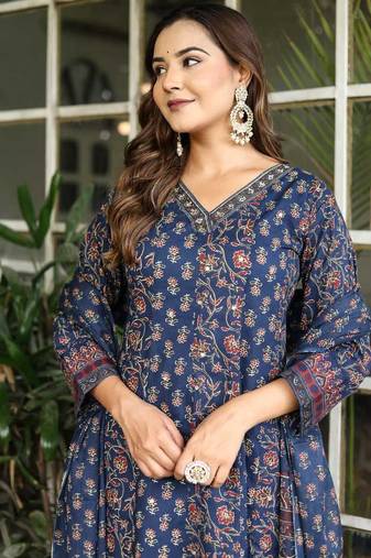 Cotton cambric printed anarkali kurti-pant-dupatta set