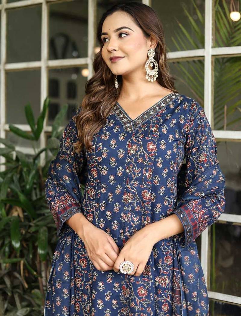 Cotton cambric printed anarkali kurti-pant-dupatta set