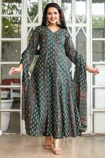 Cotton cambric printed anarkali kurti-pant-dupatta set