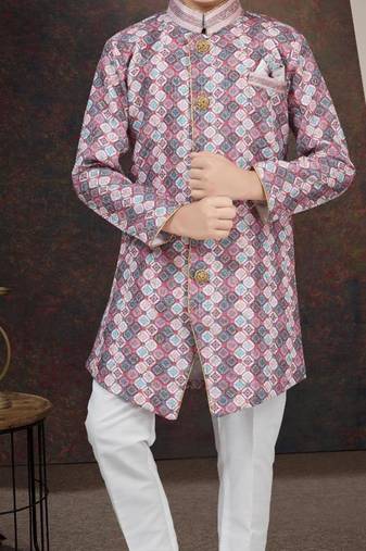 Multcolor jackard sherwani with silk dupion pajama for kids