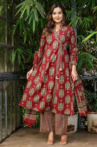 Cotton printed angrakha kurti-pant-dupatta set