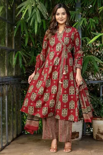 Cotton printed angrakha kurti-pant-dupatta set