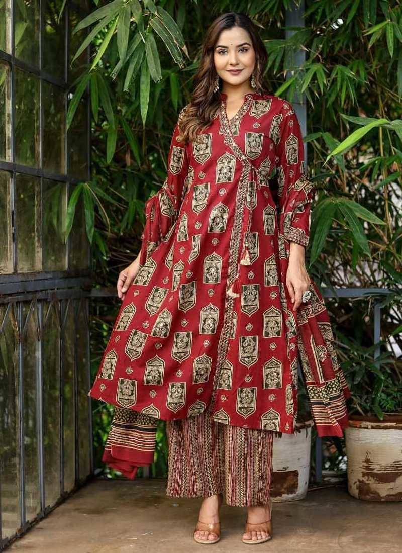 Cotton printed angrakha kurti-pant-dupatta set